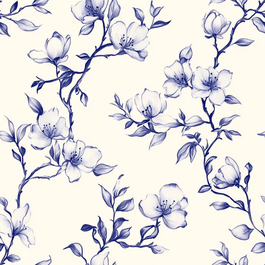 Padrão floral azul e creme com flores e ramos em aquarela sem costura