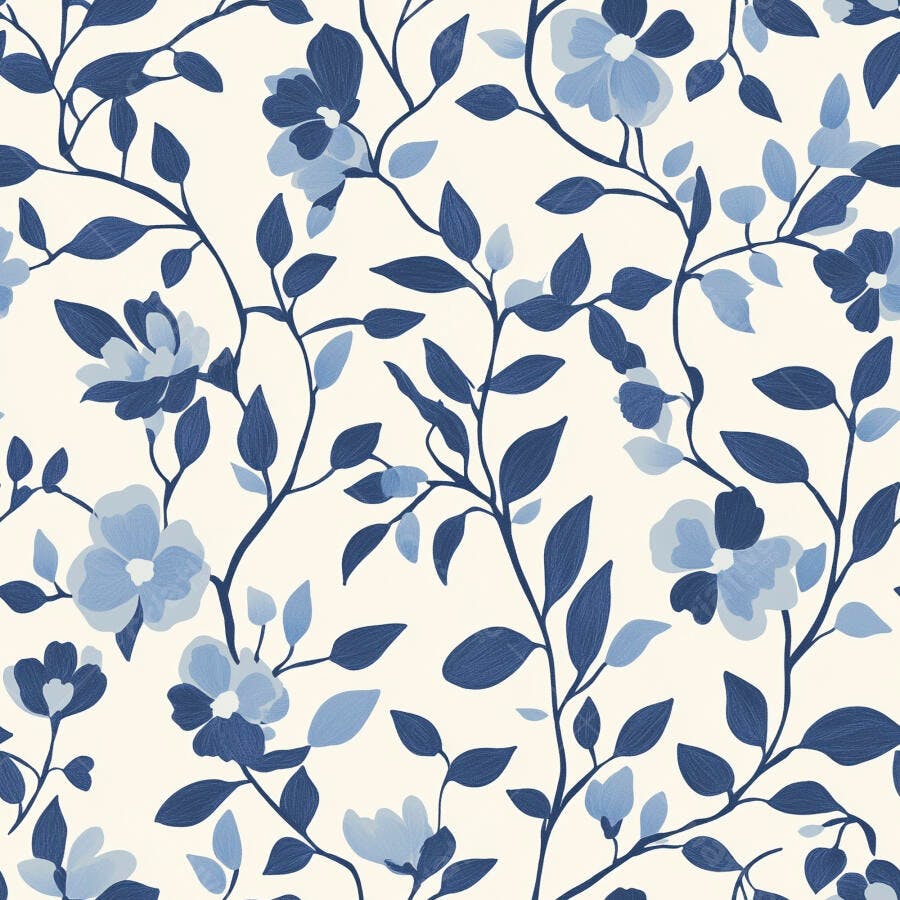 Padrão floral azul marinho e creme estilo vintage com folhas