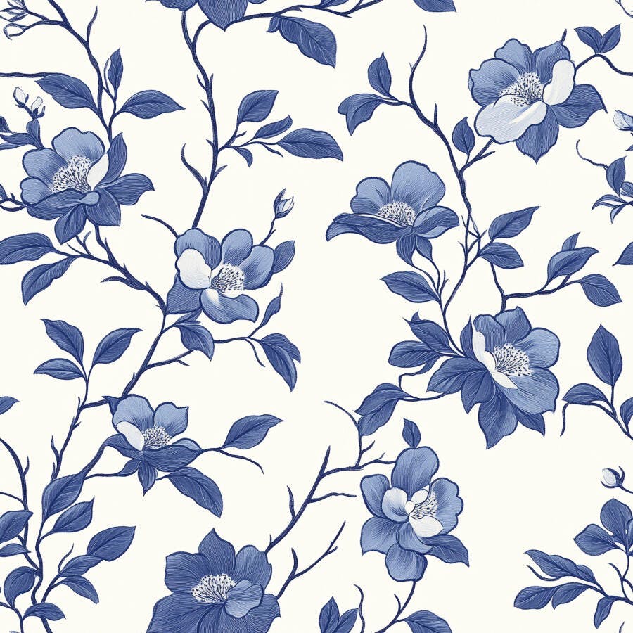 Padrão floral azul e branco com ramos e flores desenhadas