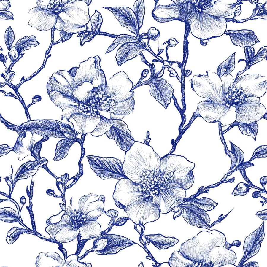 Padrão floral azul e branco sem costura desenho botânico vintage