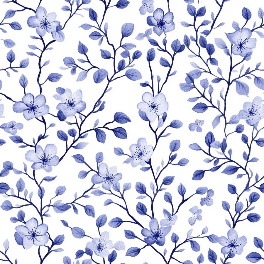 Padrão floral aquarela de flores azuis e folhas em fundo branco sem costura