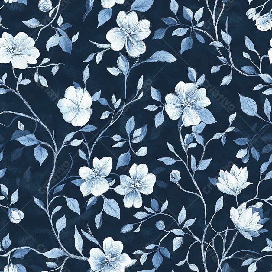 Padrão floral azul marinho com flores brancas e folhas desenhadas