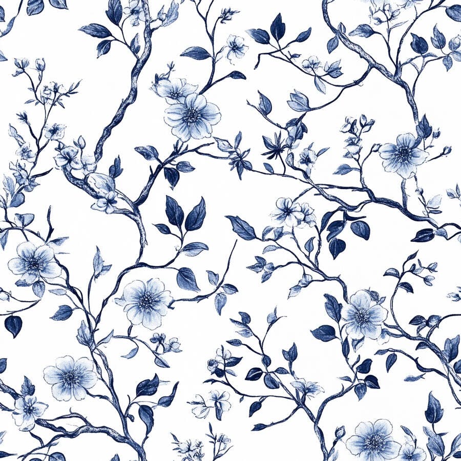 Padrão floral azul e branco com galhos e flores desenhados à mão