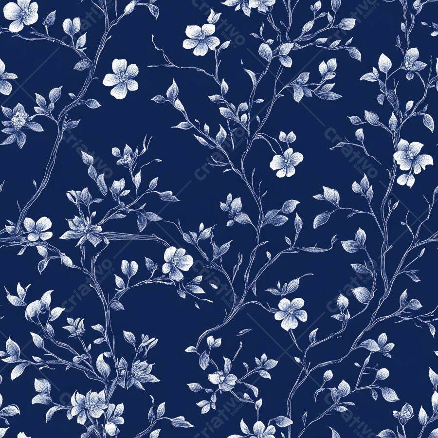 Padrão floral azul marinho com galhos e flores brancas delicadas