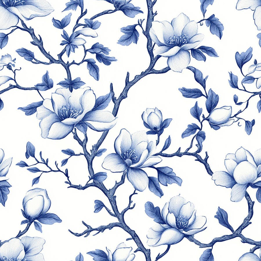 Padrão floral azul e branco com magnólias e galhos estilo chinoiserie