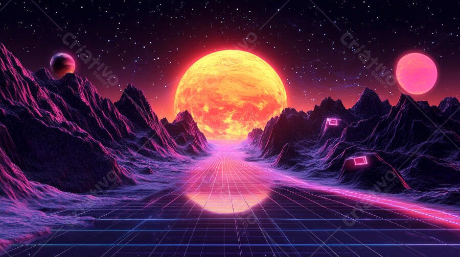 Paisagem retrofuturista neon com sol gigante e montanhas roxas