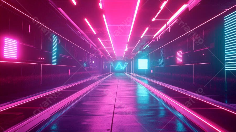 Túnel futurista neon roxo e azul com luzes vibrantes fundo cyberpunk