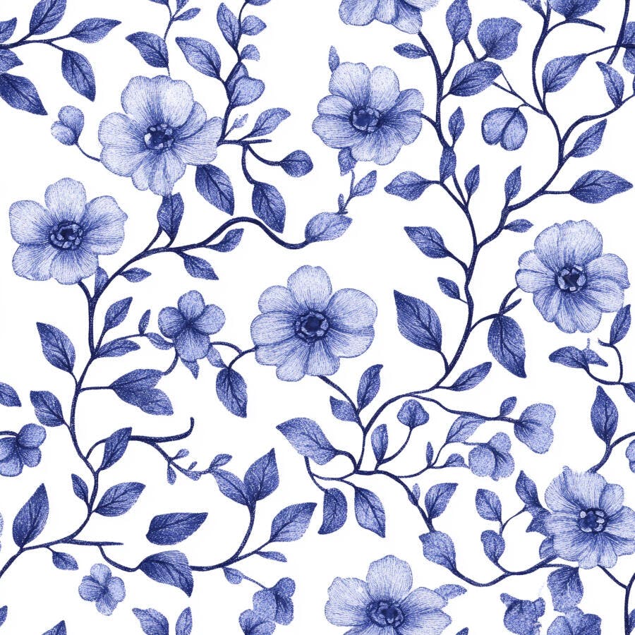 Padrão floral azul e branco com flores desenhadas à mão e folhas vintage