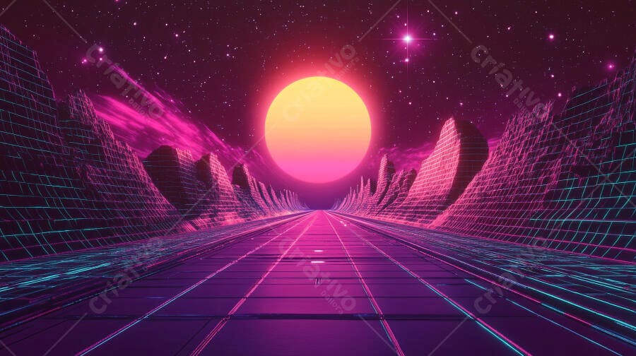 Paisagem retrofuturista com estrada neon roxa e sol laranja vibrante no espaço