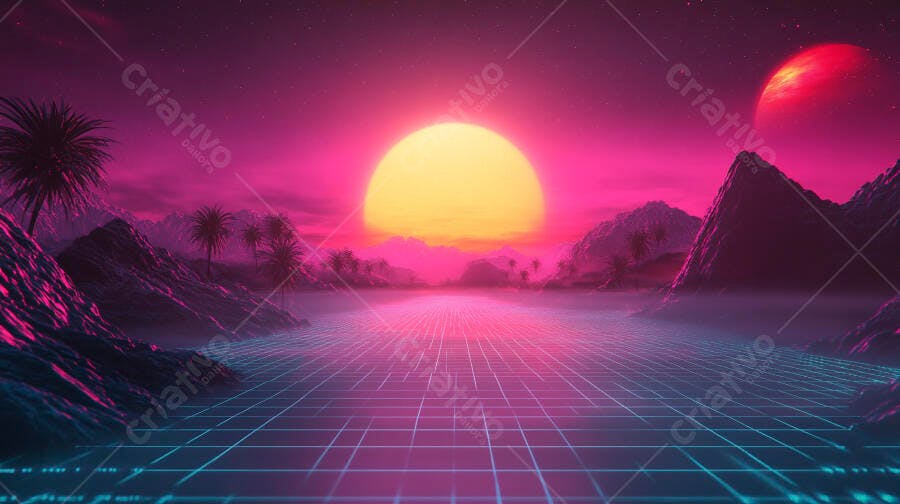 Paisagem synthwave vibrante com sol amarelo, montanhas roxas e grade digital azul neon