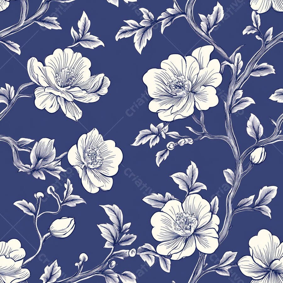 Padrão floral azul marinho com flores brancas e folhagem elegante