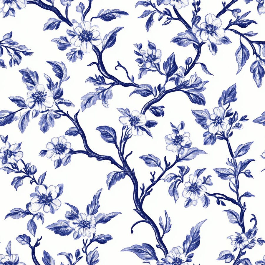 Padrão floral azul e branco Chinoiserie com ramos e flores desenhados à mão
