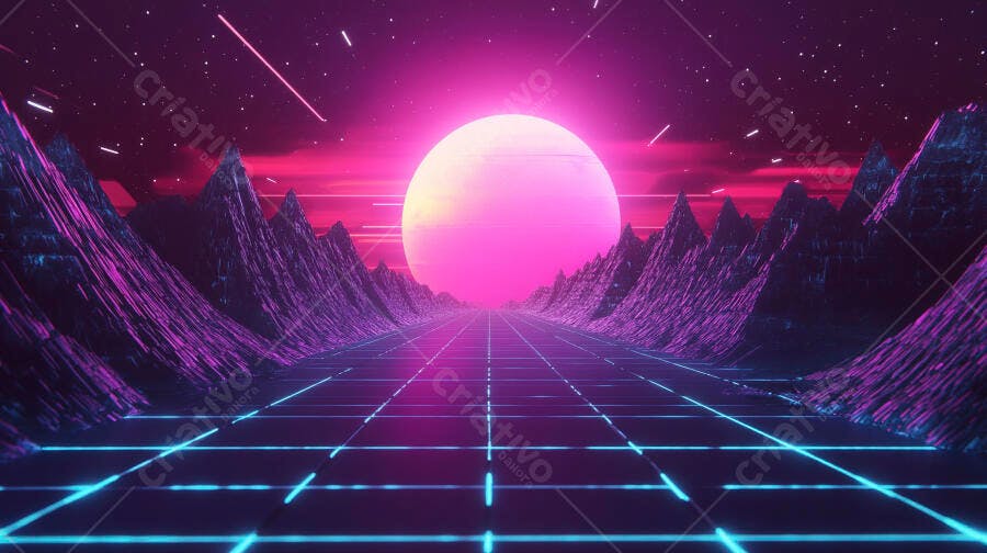 Paisagem synthwave retrofuturista com montanhas roxas e sol rosa neon