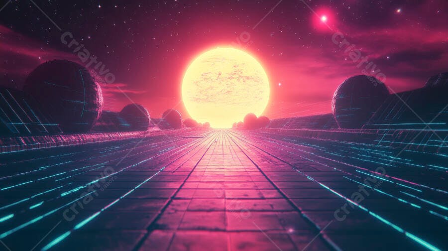 Estrada digital em paisagem espacial roxa e rosa com sol amarelo brilhante
