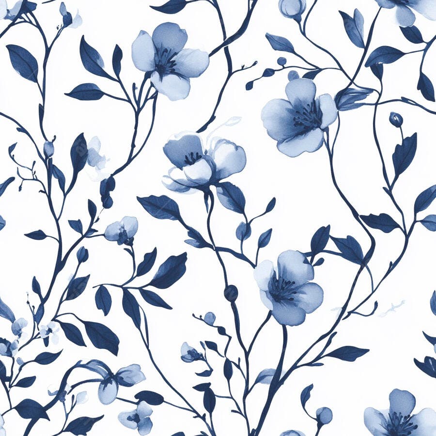 Padrão floral azul aquarela com flores e folhagens botânicas em fundo branco