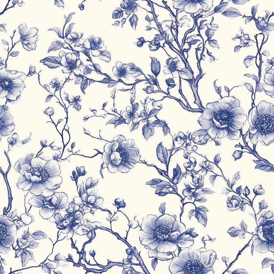 Padrão floral azul estilo chintz com flores e ramos em fundo creme