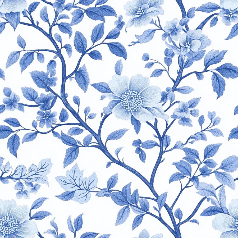 Padrão floral azul e branco vintage com flores e folhas detalhadas