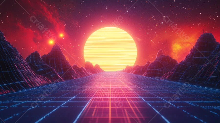 Cenário retrofuturista com sol neon e montanhas digitais na estrada grid