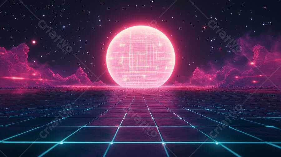 Esfera de grade neon rosa brilhante em cenário synthwave com nuvens roxas e estrelas