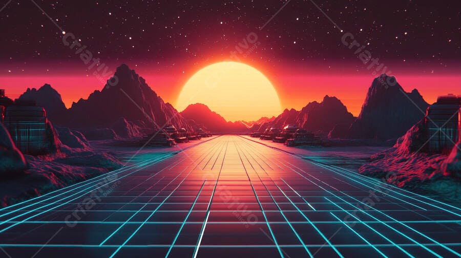 Paisagem futurista com estrada neon ao pôr do sol laranja e montanhas roxas