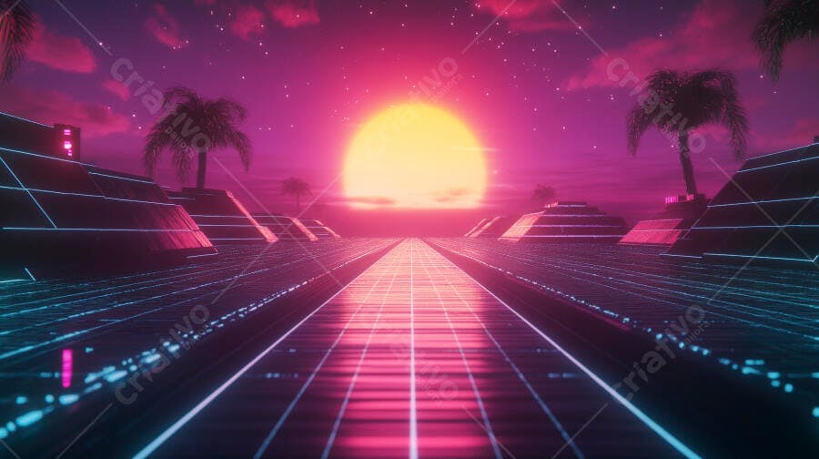 Cenário synthwave com pôr do sol rosa e pirâmides neon em paisagem digital
