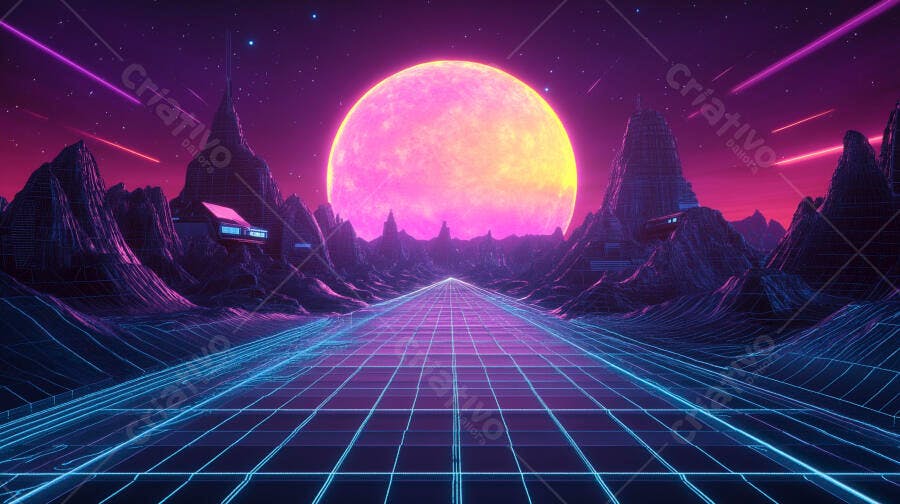 Cenário futurista synthwave com sol rosa gigante e estrada quadriculada neon
