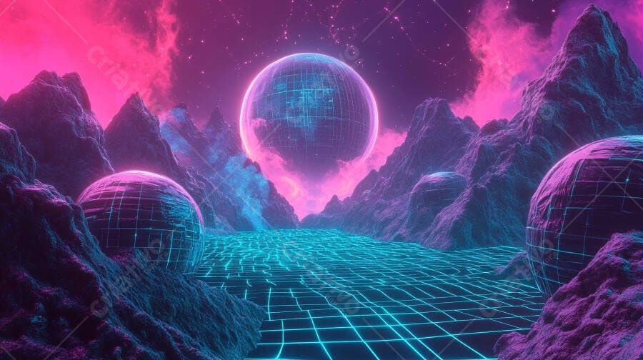 Cenário futurista neon com montanhas roxas e esferas digitais brilhantes