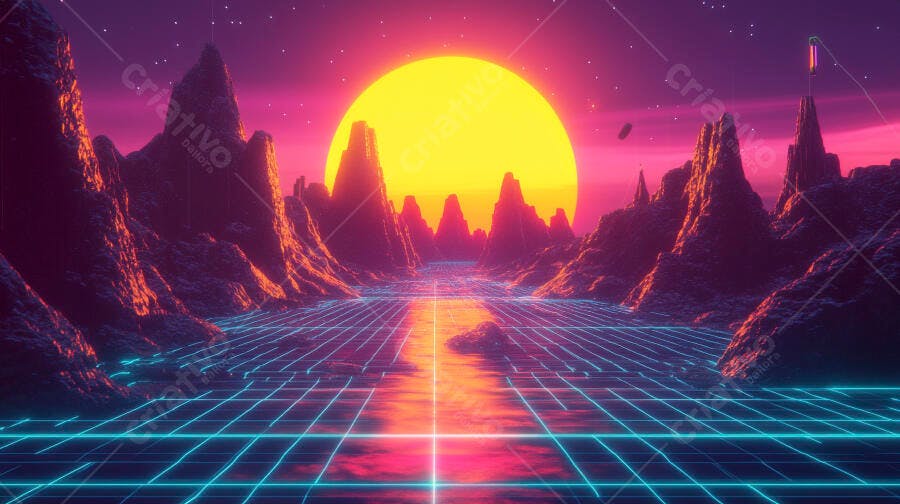 Paisagem retrowave neon com sol gigante e montanhas roxas