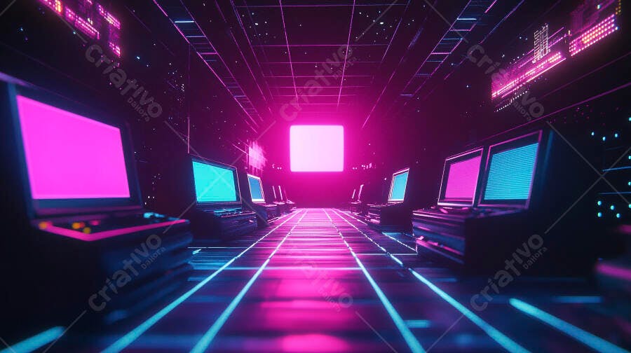 Corredor tecnológico cyberpunk com luzes de néon magenta e ciano