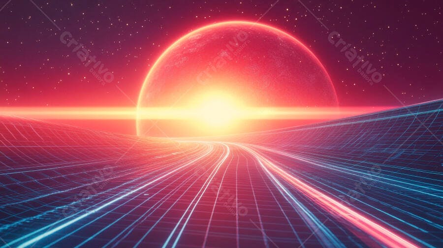 Paisagem synthwave planeta vermelho e estrada de neon azul
