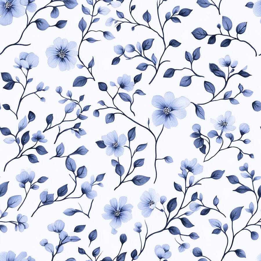 Padrão botânico flores azuis e folhas delicadas em aquarela fundo branco