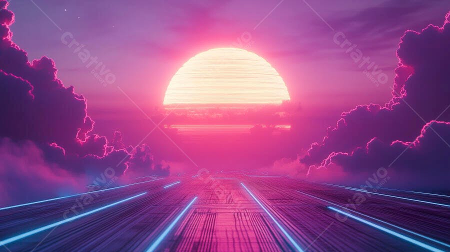 Paisagem retrowave futurista com sol rosa e estrada neon azul