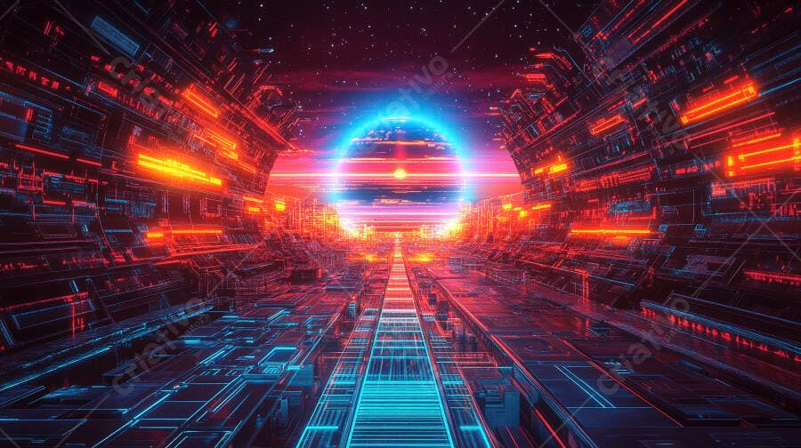 Túnel de luzes azul e vermelho neon em ambiente cibernético espacial