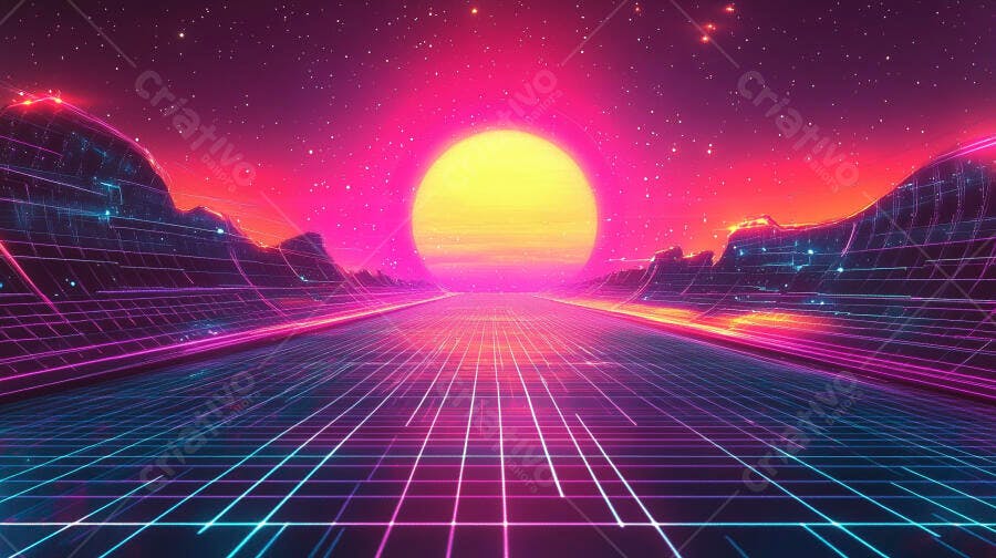Cenário retrofuturista com sol neon vibrante e grades azuis e rosas