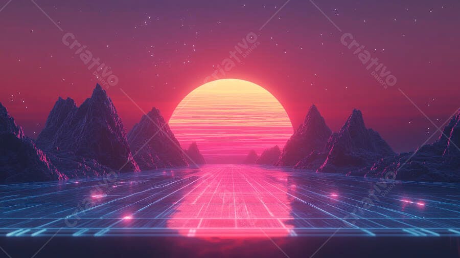 Paisagem synthwave montanhas digitais sol neon rosa e grade futurista