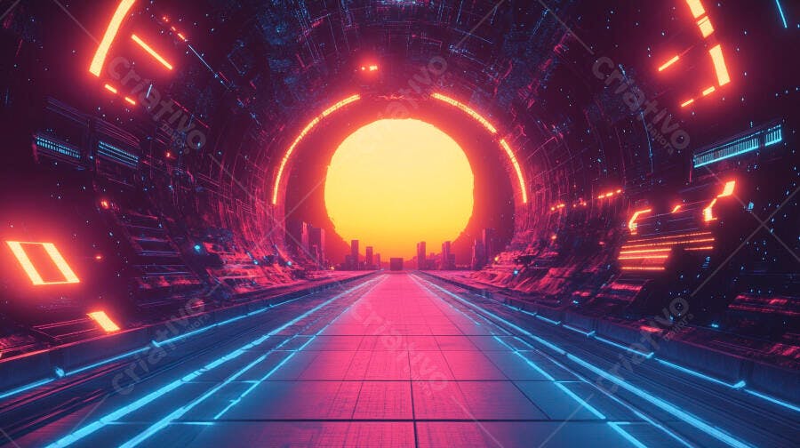 Túnel futurista de tecnologia com sol vibrante e luzes neon
