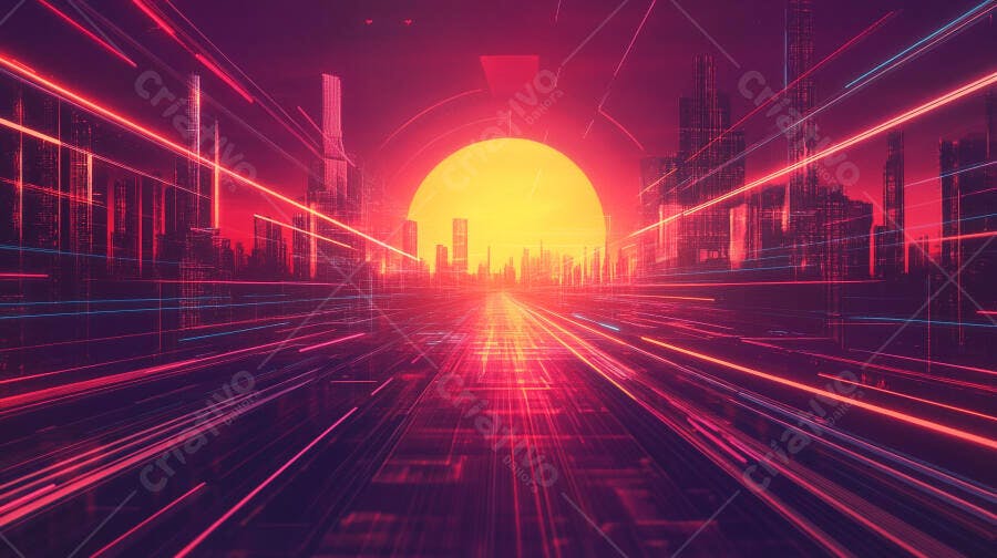 Paisagem urbana digital futurista com sol vibrante e trilhas de luz neon