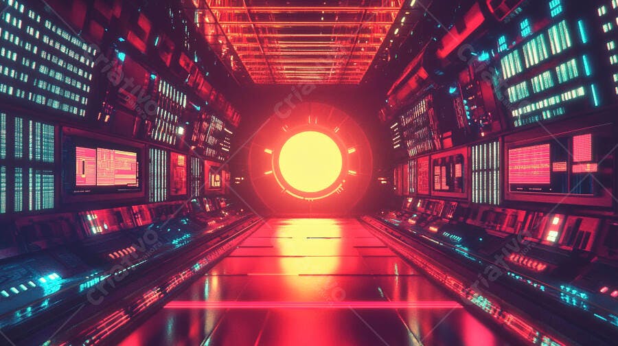 Corredor futurista iluminado com luzes neon vermelhas e azuis