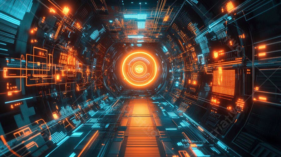 Túnel digital futurista com luzes laranjas e azuis vibrantes