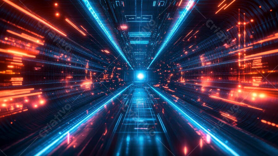 Túnel digital futurista com luzes de néon azuis e laranjas em alta velocidade