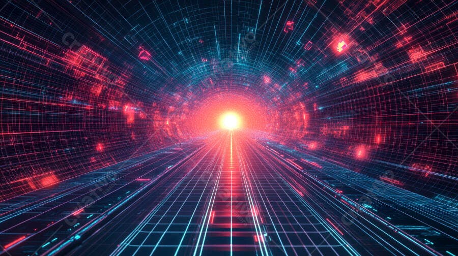 Túnel digital futurista com linhas de grade brilhantes em azul e vermelho