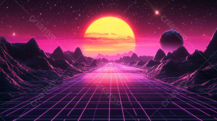 Paisagem retrofuturista com estrada neon roxa e sol vibrante
