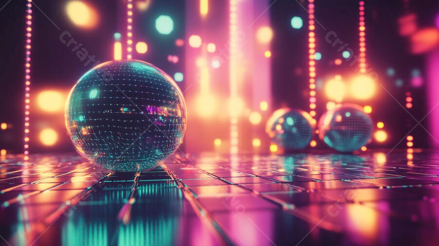 Esferas de discoteca brilhantes em ambiente festivo neon vibrante