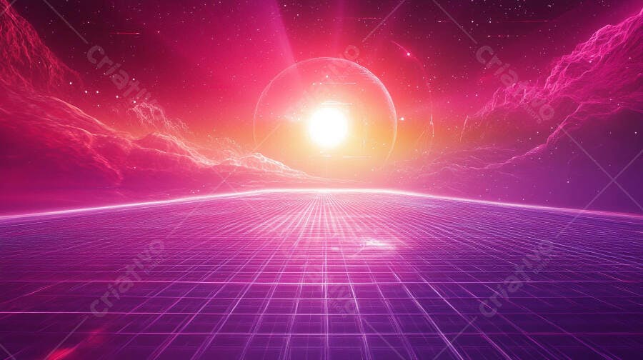 Cenário futurista de grade digital com pôr do sol cósmico em tons de rosa e roxo