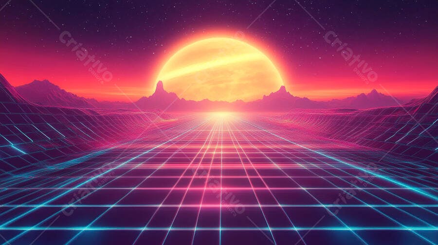 Paisagem retrowave sol gigante grade neon e montanhas distantes