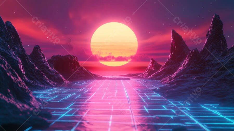 Paisagem futurista neon com sol vibrante e montanhas roxas