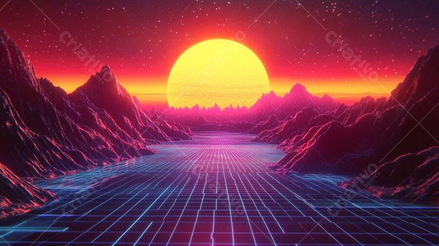 Paisagem digital retrowave com montanhas neon e grade ao pôr do sol