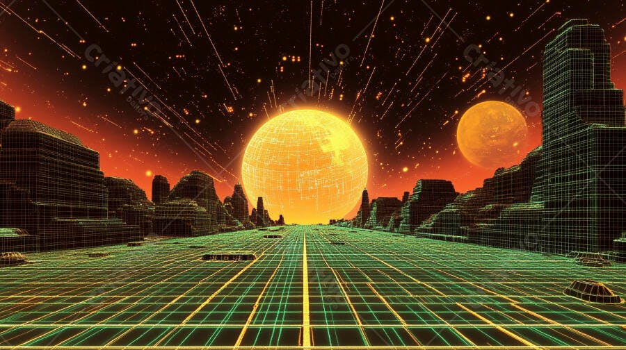 Paisagem digital futurista com sol vibrante e grade neon verde