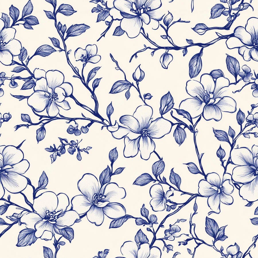 Padrão floral azul e creme com flores e folhas em estilo desenho clássico