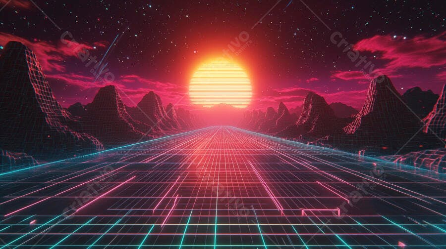 Estrada neon retrôfuturista montanhas de grade pôr do sol laranja e céu estrelado